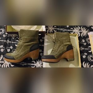 Jambu Netherlands Womens 9.0 Leather Faux Fur Heeled Boots Olive Green SUEDE